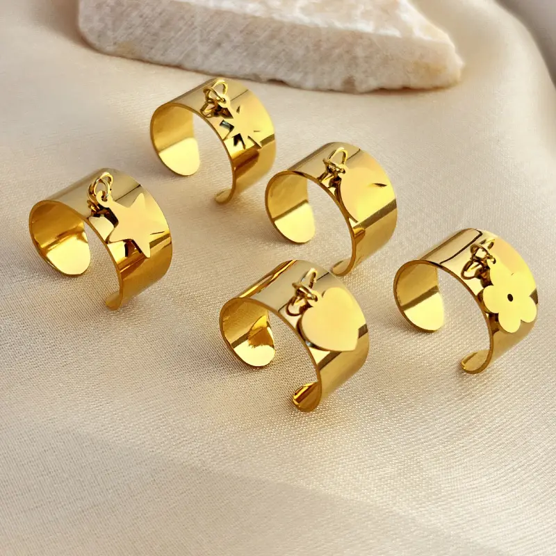 Women's Jewelry Custom Stainless Steel Gold Color Minimalist Ring With Small Charms Star Moon