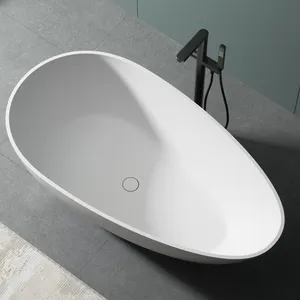 Classic Egg-Shaped Hotel Freestanding Bathtub White Resin Stone Solid Surface Soaking Function Oval Shape Mat Included