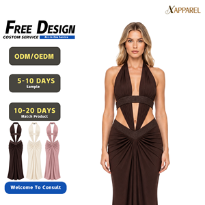 Robe longue dos nu A&J pour femme, style halter, jacquard, avec découpes latérales, nœud torsadé, froncée, décolleté plongeant en V, certifiée GRS, sur mesure - Product Image 1