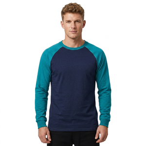 T-shirt raglan pour hommes, manches longues, couleur unie, tricoté, coupe ajustée, couleur contrastée, coton élégant, impression de logo personnalisé, vente en gros d'usine OEM - Product Image 1