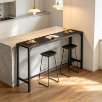 Console industrielle longue en bois de noyer foncé avec plateau à lattes et structure en métal noir mat pour entrée, canapé, maison, café