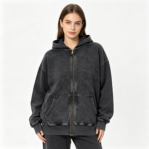 Hot Selling Custom Vintage Faded Distressed Terry Full <strong>Zip</strong> <strong>Hooded</strong> 360g Oversized Hoodie for Women Street Hip Hop Outfits - Product Image 1