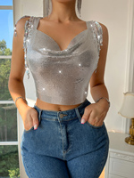 Top court à bretelles en strass, bijoux de corps en métal argenté, chaîne réglable, tenue de festival, tenue de rave, vêtements de club
