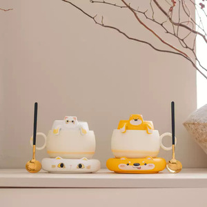 <b>Ceramic</b> Animal Mug With <b>Coaster</b> Office Cup Tea Coffee Drinkware Gift Set - Product Image 1