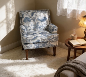 Fauteuil d'appoint moderne avec revêtement floral, garniture cloutée, pieds en bois massif, bleu et blanc, pour salon - Product Image 2