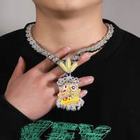 Collier pendentif monstre de dessin animé serti de pierres, émail coloré, style Hip Hop, ton argenté, chaîne corde de 24 pouces