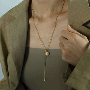 Collar de cadena de hueso de serpiente ajustable con borla, longitud media, colgante de perlas de cristal estilo Tang, chapado en oro de 18K, cadena para suéter para mujer - Product Image 3