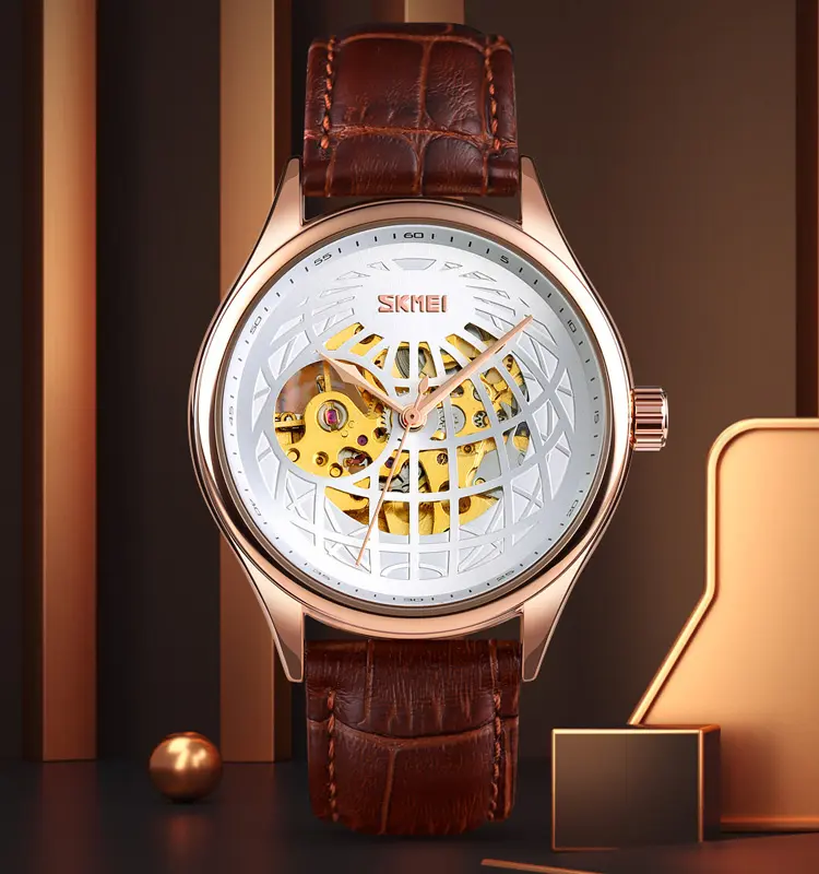 SKMEI 9209 Rose Gold 30m Waterproof Genuine Leather Mechanical Custom Logo Mens Luxury Automatic Watches