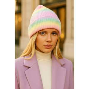 Gorro de lana grueso tejido para mujer, con rayas cruzadas negras y forro de lana, con pompón, modelo 1140 - Product Image 4