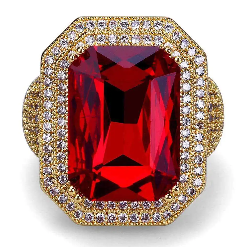 Big Red stone Red ruby stone Prong Paved gold ring iced out 18k gold plated big size square shape ring for man and women