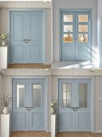 Porte d'entrée à double panneau de style classique moderne, finition laquée bleue brillante, porte en bois composite avec verre