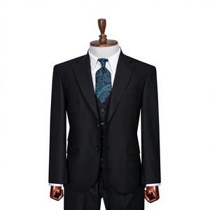 Costume d'affaires noir pour homme, simple boutonnage, col cranté, mélange de laine, infroissable, coupe classique, avec gilet - Product Image 1