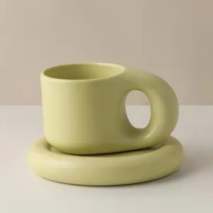 Chubby xícara de café e molhador de cerâmica nórdica, conjunto de xícara e molhador, caneca de chá de 270ml, caneca de cerâmica personalizada para presente