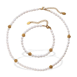 Freshwater Pearl Necklace And <b>Bracelet</b> <b>Set</b> With Gold Flower Charms For Women Party Jewelry Stainless Steel 18K Gold Plated - Product Image 5
