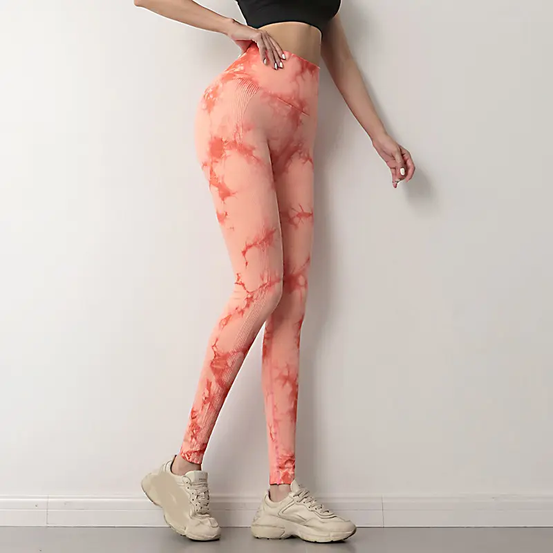 Mallas de Yoga de cintura alta con estampado de drift teñido con lazo de melocotón sin costuras para mujer, pantalones deportivos para correr y Fitness
