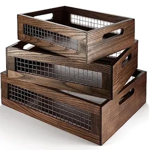 棕色手工木制板条箱一套3个木制嵌套存储木制蔬菜存储板条箱，带金属丝