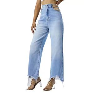 Jeans Casuales de Cintura Baja para Mujer, Estilo Desgastado, Pierna Ancha, Lavado Claro, Logotipo Bordado, Transpirables - Product Image 3