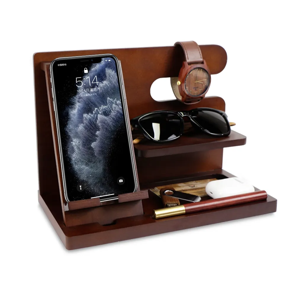 Hot Selling Wood Phone Docking Station and Men Gadgets Watch Wallet Key Organizer