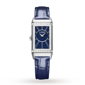 Montre à quartz rectangulaire élégante avec logo personnalisé, boîtier en acier inoxydable, bracelet en cuir bleu, lunette sertie de diamants, cadran analogique avec chiffres romains - Product Image 1
