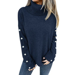Black Knitted Pullover Sweater <strong>Turtle</strong> High <strong>Neck</strong> Loose Casual Winter Autumn <strong>Ladies</strong> Long Sleeve Buttons Knit <strong>Jumper</strong> Tops for Women - Product Image 1