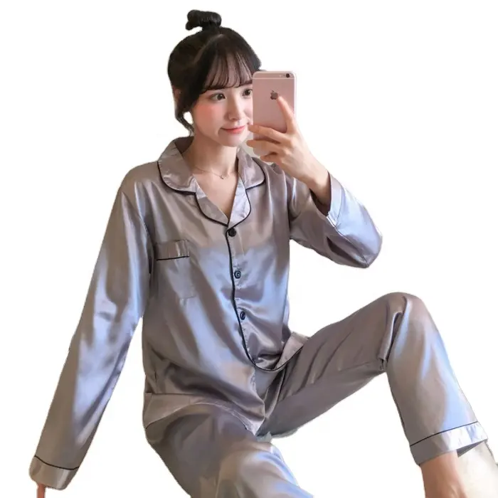 Wholesale Women's Lapel Night Suit 5XL Plus Size Long Sleeve Sleepwear Solid Color Lapel Ice silk Satin Ladies Pajamas