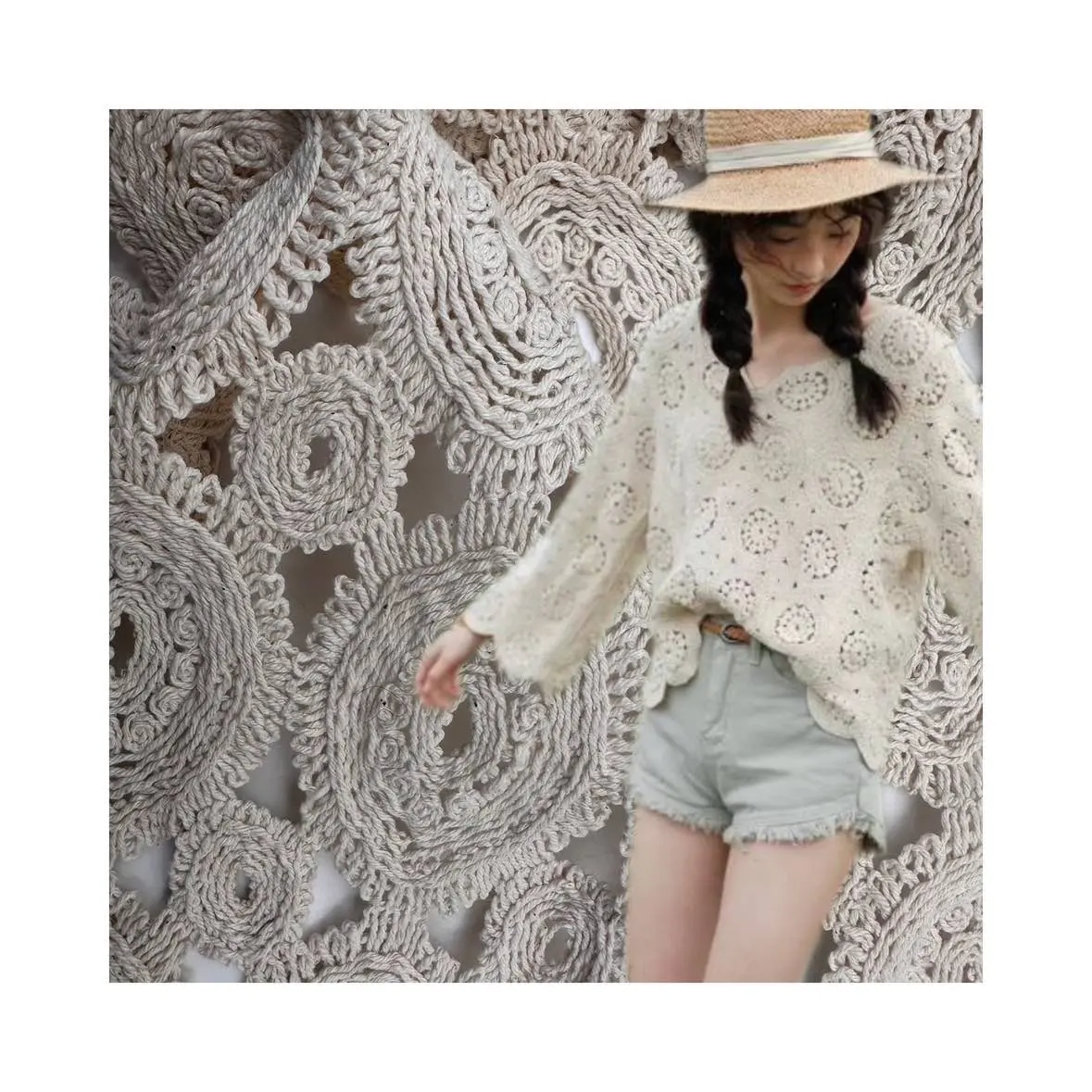 Manufacture 100% Cotton White Rope Guipure Crochet Embroidery Lace Fabric For Shits&Cardigan