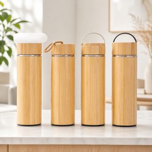 Bouteille d'eau isotherme en bambou et acier inoxydable avec poignée en corde, isolation thermique 12-24 heures, compatible eau bouillante, design minimaliste - Product Image 1