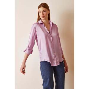 Camisa Básica de Satén para Mujer, Color Lila, con Botones, Estilo Clásico para el Día a Día - Product Image 3