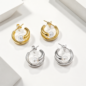 Boucles d'oreilles doubles créoles en acier inoxydable plaqué or 14 carats, imitation perle, sculpturales, 0,3 mm d'épaisseur - Product Image 1