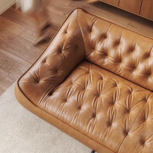 Canapé en cuir véritable de style italo-américain, trois places, pour salon, style rétro, en cuir de vachette pleine fleur, canapé relax - Product Image 2