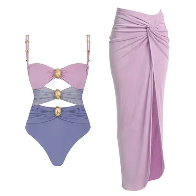 모노키니 비키니 세트 투피스 여성 비치웨어 목욕 세트 2024 새로운 수영복 휴가 컬러 블록 원피스 커버 수영복