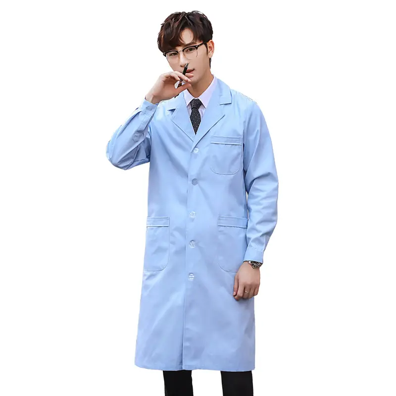 Seragam rumah sakit, pakaian dokter pria laboratorium dokter gigi ringan pakaian kerja panjang mantel biru
