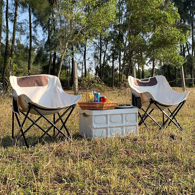 사용자 정의 로고 야외 하프 문 의자 초경량 휴대용 접이식 더블 패브릭 캠핑 의자 피크닉