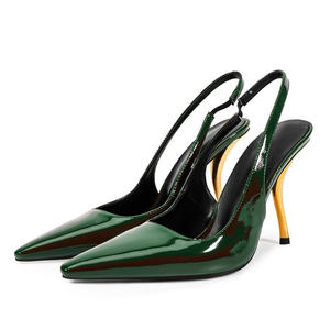 Zapatos de tacón de aguja dorados con correa trasera para mujer, sandalias de vestir con punta y tacón de aguja brillante de charol - Product Image 5