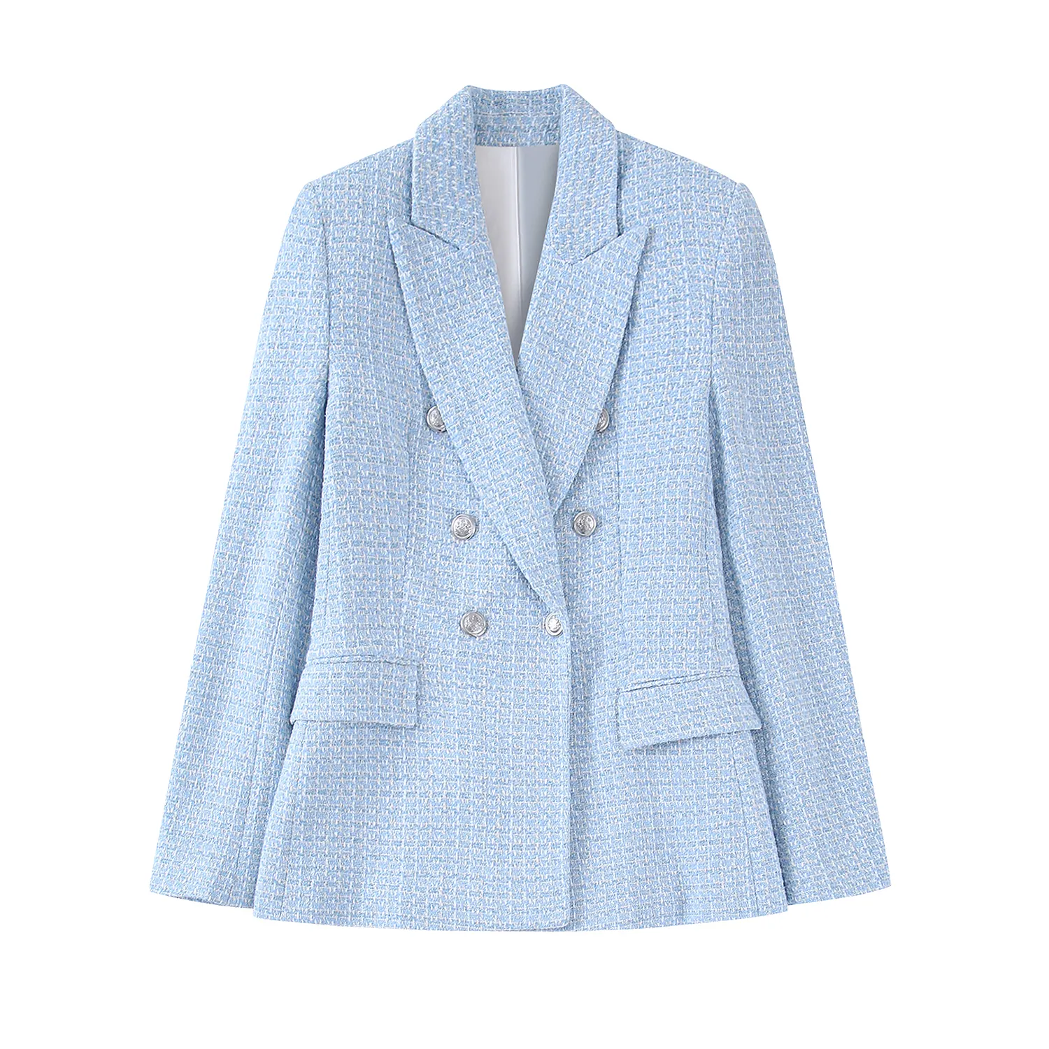 Double breasted light blue color notched collar long sleeve woman casual blazer