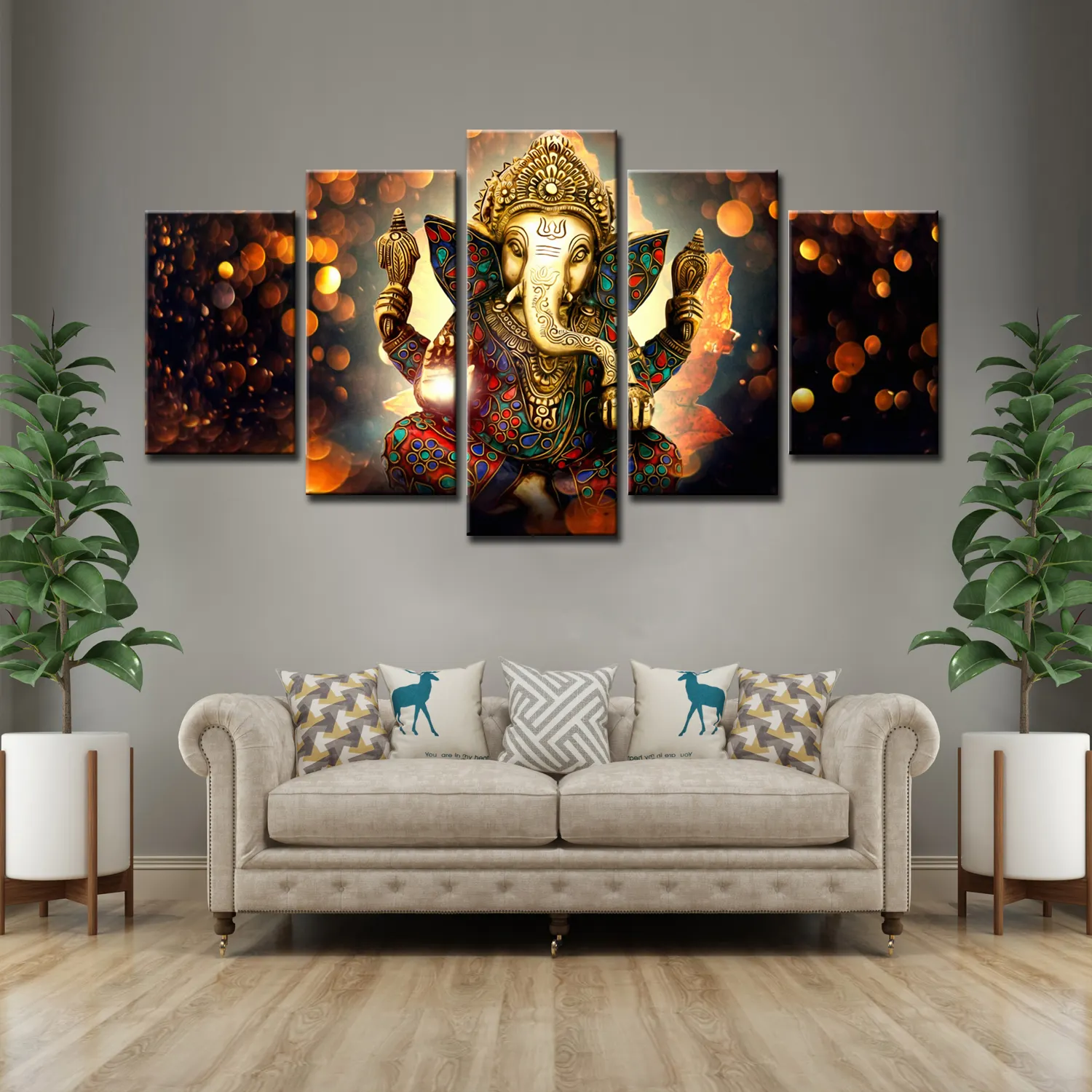 Lord Ganesha 5 Panels Indischer religiöser Gott Nase Elefant Öl Leinwand Gemälde Wand kunst Bild