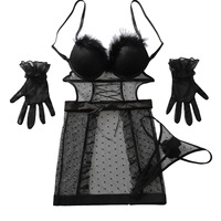 Gaun seksi tanpa punggung model bodycon berbahan mesh polkadot hitam sheer hollow out dengan bulu dan kawat penyangga, dilengkapi sarung tangan.