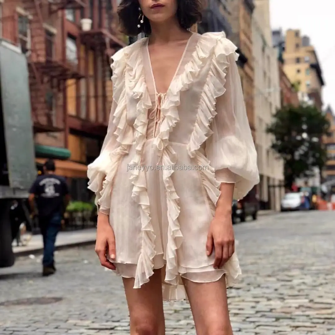 2024 New Arrival Women's Clothing Deep V-neck Lace Up Dresses Flared Long Sleeve Beach Chiffon Elegant Ruffled Casual Dress