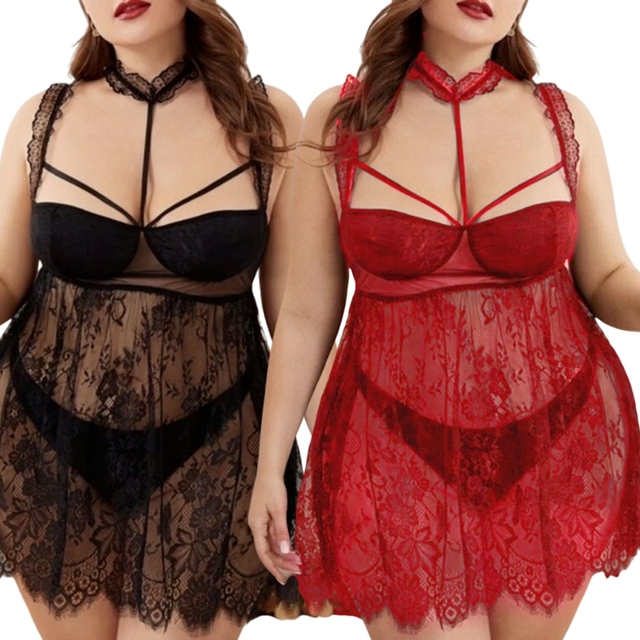 3XL 4XL 5XL Women Plus Size Sexy Lace Dress Sleepwear Night Dress