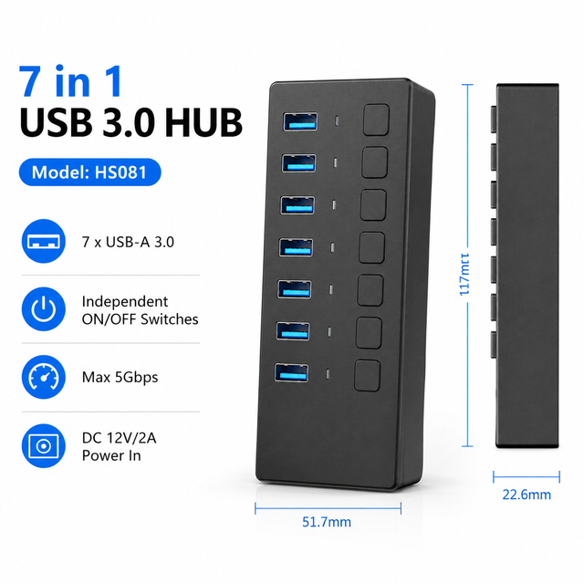 7-Port Powered USB 3.0 Hub 5Gbps 7x USB-A Ports Individual Power Switches ABS Material in Stock 12-Month Warranty