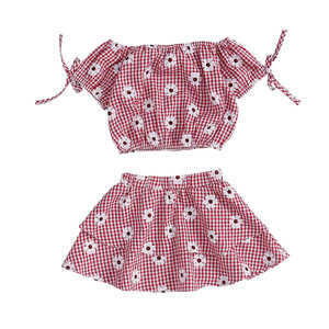 ชุดเสื้อผ้าเด็กแบบสบายๆ พิมพ์ลายดอกไม้ เป็นมิตรกับสิ่งแวดล้อม ผลิตตามสั่ง สำหรับเด็กชายและเด็กหญิง เสื้อเปิดไหล่ กระโปรงสั้น (ผ้าฝ้ายถัก 100%) - Product Image 1