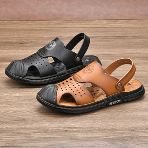Genuine Leather <b>Closed</b> <b>Toe</b> <b>Sandals</b> Men Summer Breathable Rubber Sole Casual Slides - Product Image 3