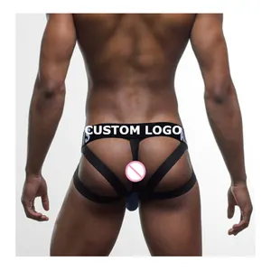 new men custom design underwear new 2023 Wholesale Nylon transparent sexy mens underwear for gay DOUBLE-STRAP BLUE JOCK/THONG