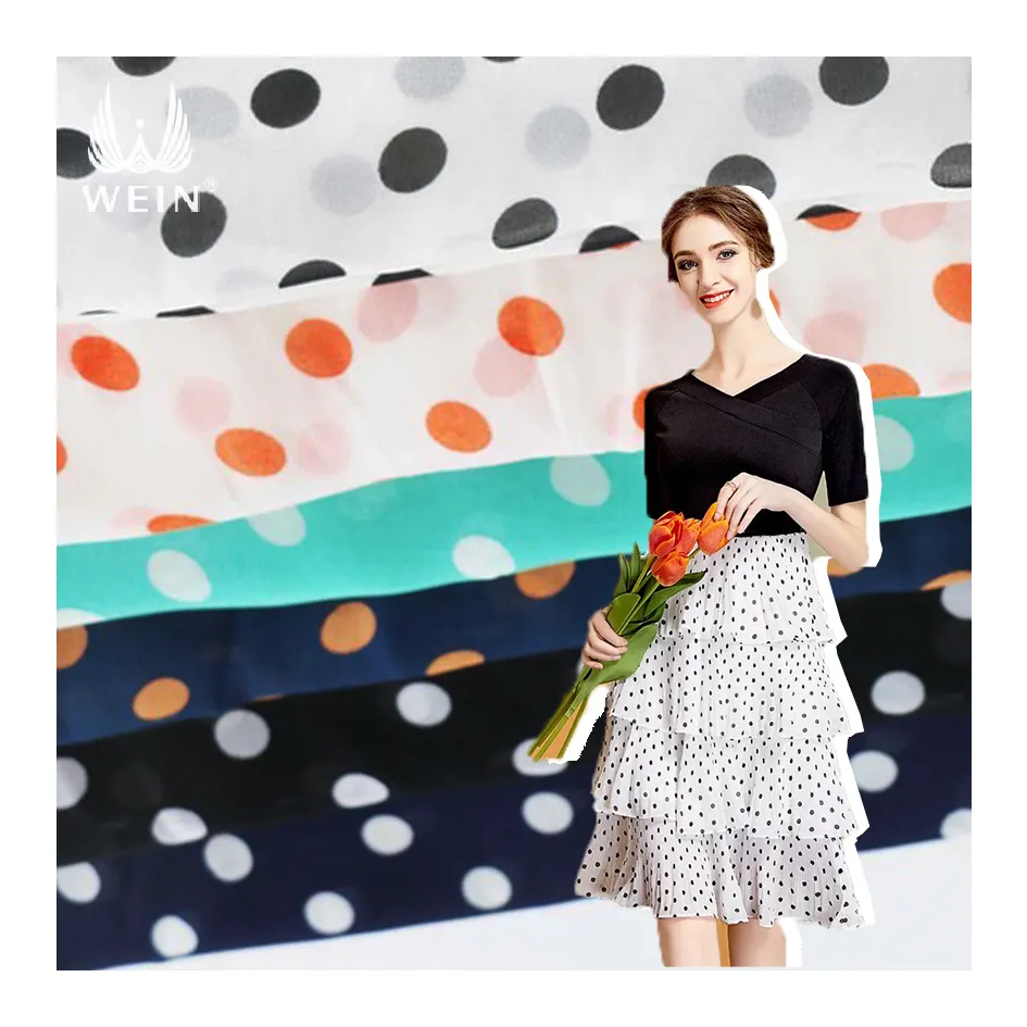 Polka Dot Pattern Printed Chiffon Polyester Fabric with Clothing WI-A08 Stock 1.2cm 100% Polyester Woven 75d Plain Lightweight