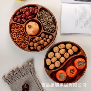 Walnut Wood Round Multi Compartment Fruit <b>Tray</b> 4-7 Sections For Snacks And Desserts Storage <b>Trays</b> - Product Image 1