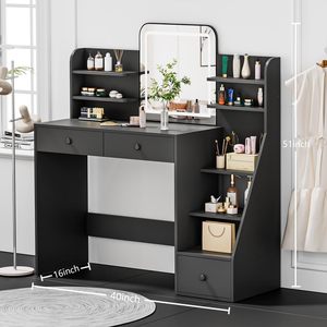 Bureau de maquillage moderne noir avec miroir LED et 5 étagères, 7 zones de rangement ouvertes et 3 tiroirs, éclairage réglable 3 couleurs - Product Image 5