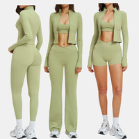 Ensemble de yoga 5 pièces pour femme : Veste zippée, soutien-gorge de sport dos nu, short taille croisée, leggings à poches, pantalon évasé – Tenue de sport et athleisure