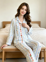 Pyjama en pur coton pour femme, col rabattu, manches longues, en polaire fine, respirant, style luxueux et mignon, printemps/automne
