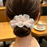 Chouchou à cheveux floral transparent, en mousseline douce avec bordure bleu clair, pour usage quotidien, imprimé floral vintage, foulard chouchou pour cheveux