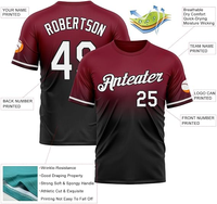 Maillot de baseball à manches courtes personnalisé avec impression numérique, dégradé bordeaux-noir, nom, numéro et logo personnalisés, respirant et à séchage rapide